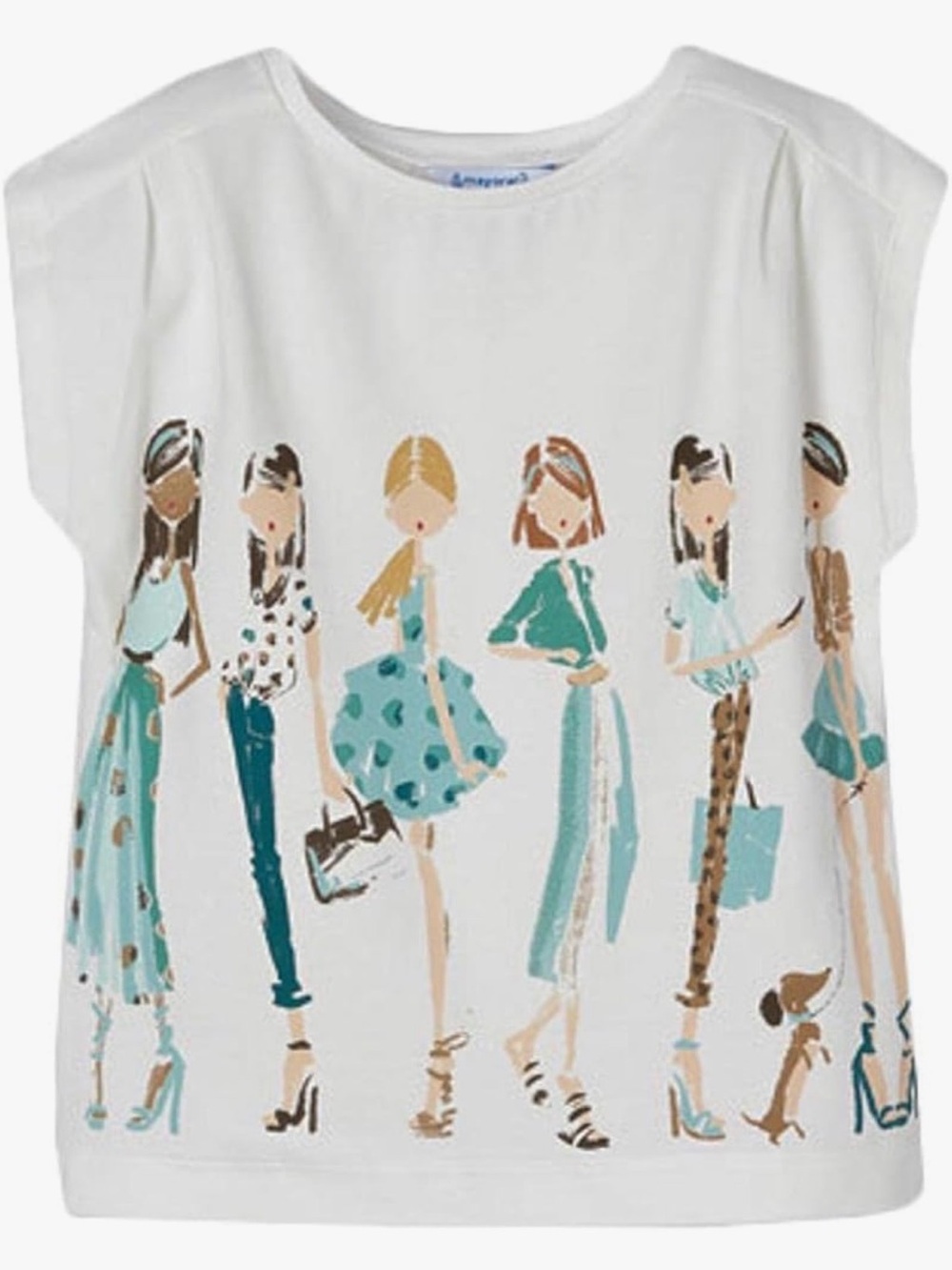 Mayoral Cream Short-Sleeve Tee with Teal & Brown Doll Graphic size 8